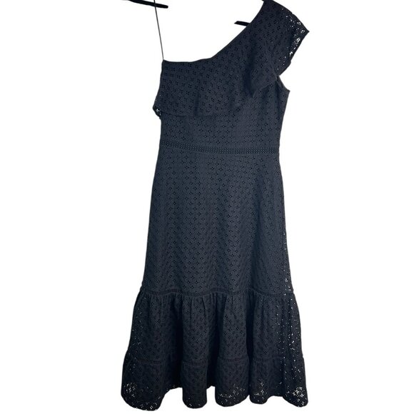 Banana Republic Black One Shoulder Lace Dress Sz 0 Tiered Ruffle Cocktail - Picture 4 of 9